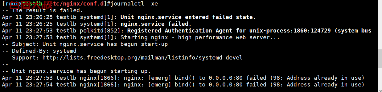 解决方案：See “systemctl status nginx.service” and “journalctl -xe” for details.