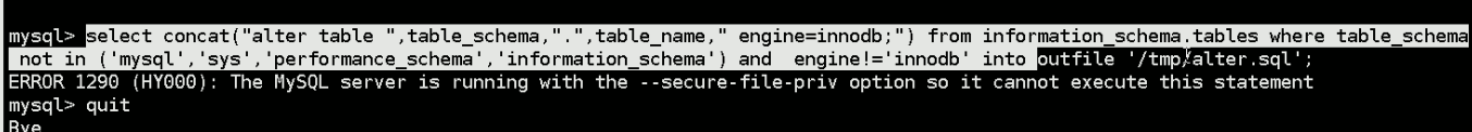 mysql 查询数据导出到文件into outfile ‘/tmp/alter.sql’