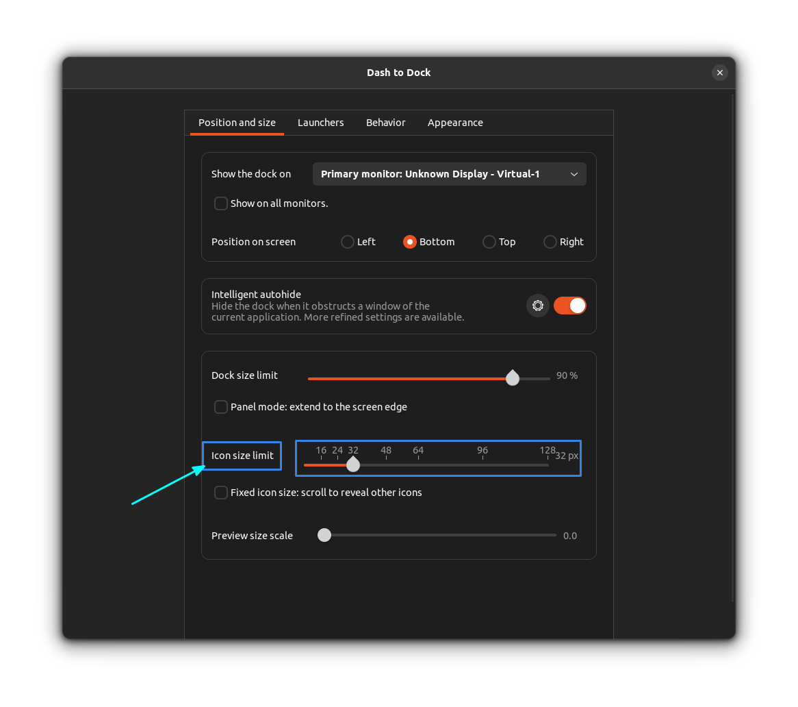 setting dash to dock icon size